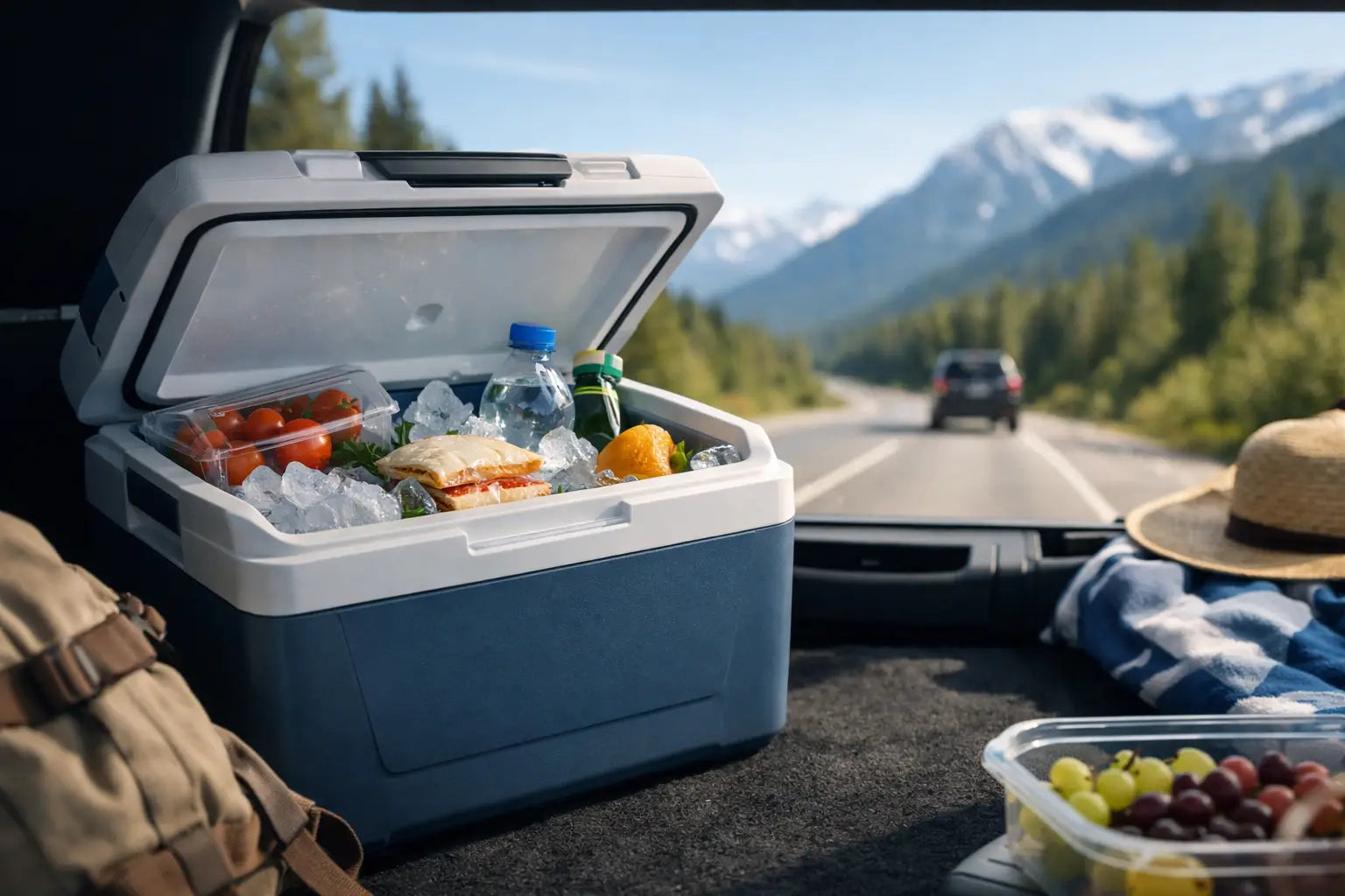 Køleboks på roadtrip der holder maden kold