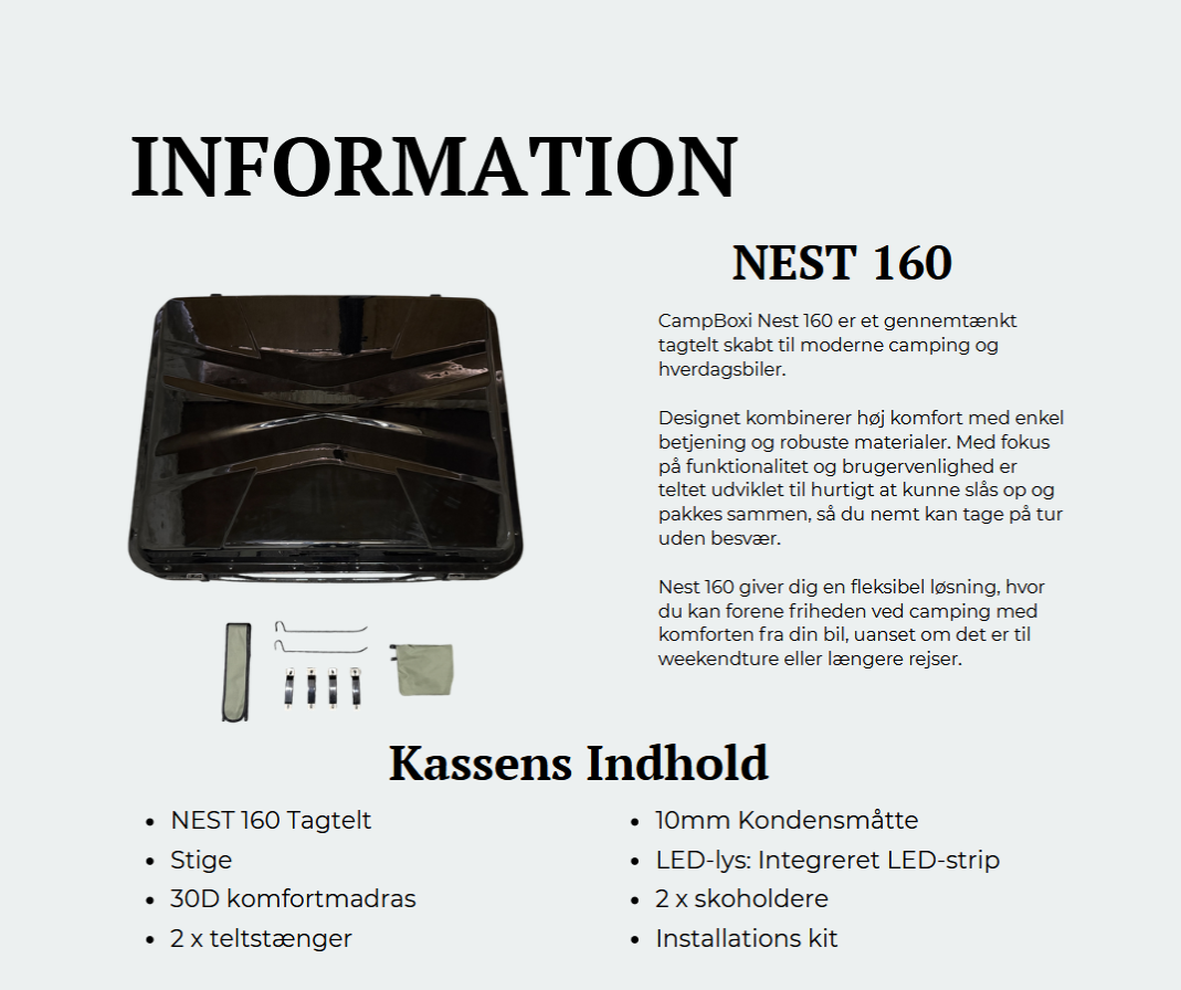 CampBoxi Nest 160 taktält - Allt-i-ett taktält | Hydraulisk öppning | integrerade fönstergaller | komfortmadrass